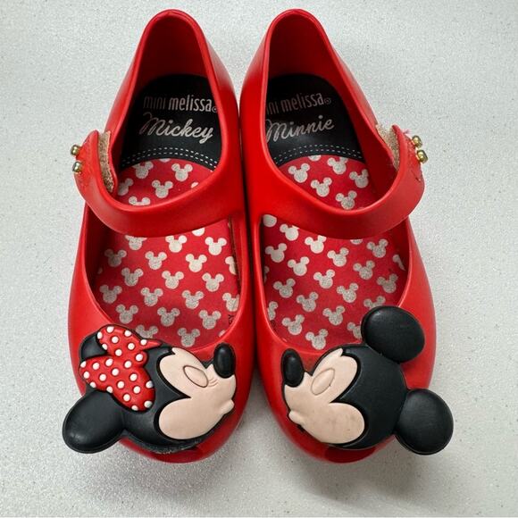 Mini Melissa Red Mickey & Minnie Mouse Kissing Rubber Shoes Baby 7 Dressy Wedge - Picture 2 of 8